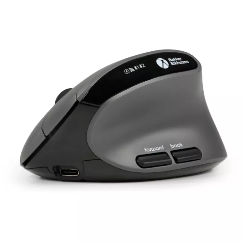 BakkerElkhuizen MidWay Mouse destro, per destrimani, design verticale, ottico, RF Wireless + Bluetooth + USB Type-C, 2400 DPI, grigio, nero