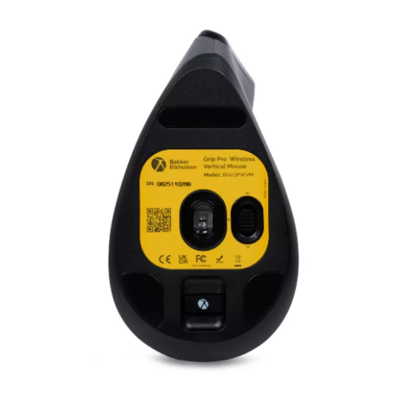 BakkerElkhuizen Grip Pro Mouse, per destrimani, design verticale, ottico, RF Wireless, 2400 DPI, grigio, nero, giallo