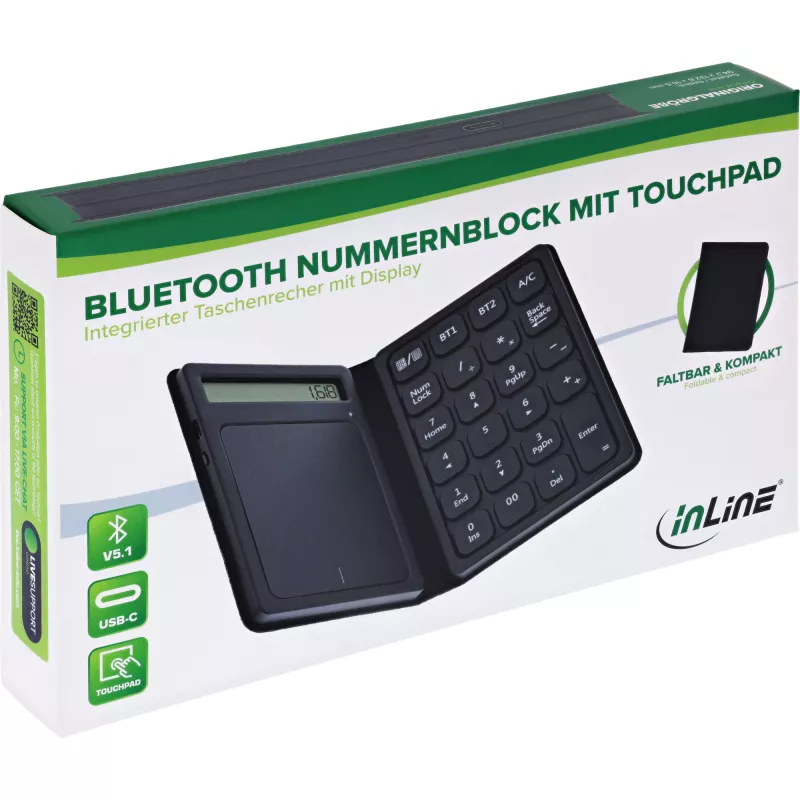 InLine 55379G Tastierino numerico Bluetooth con touchpad e display, pieghevole, nero