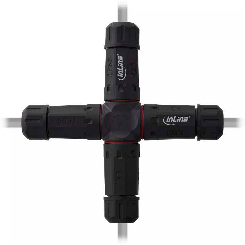 InLine 69927V Accoppiatore di rete IP68, 3 poli, a 4 vie (croce), M20, nero