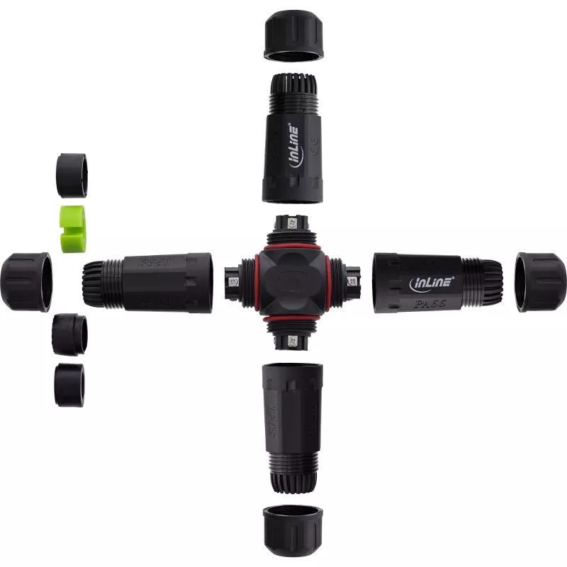 InLine 69927V Accoppiatore di rete IP68, 3 poli, a 4 vie (croce), M20, nero