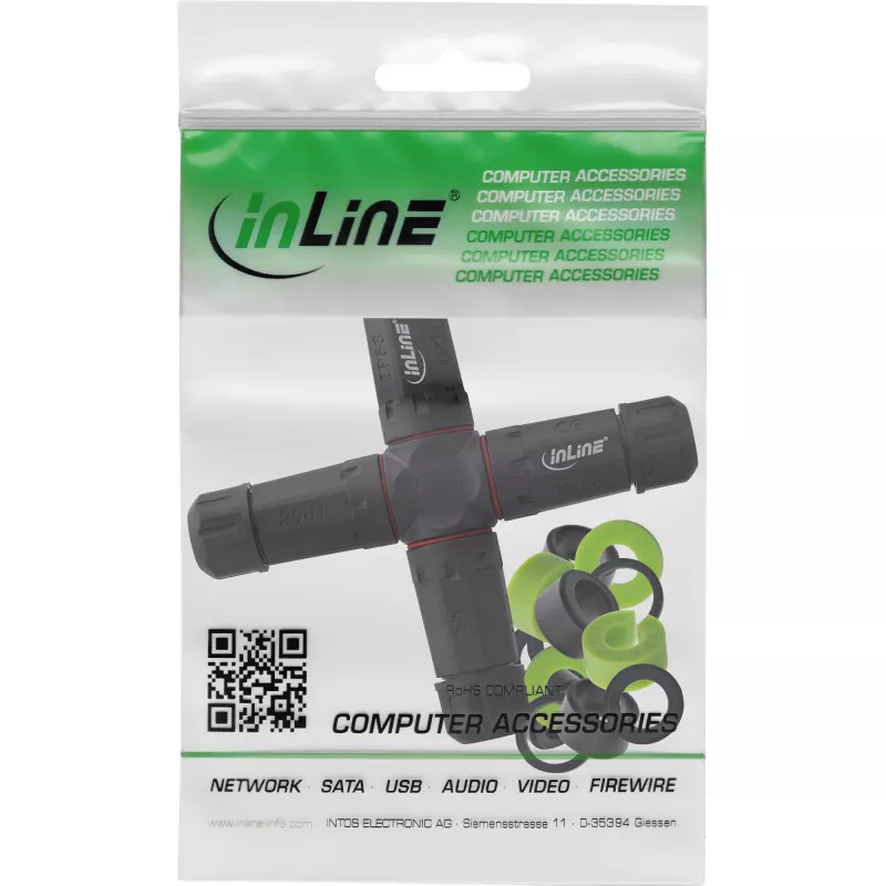 InLine 69927V Accoppiatore di rete IP68, 3 poli, a 4 vie (croce), M20, nero