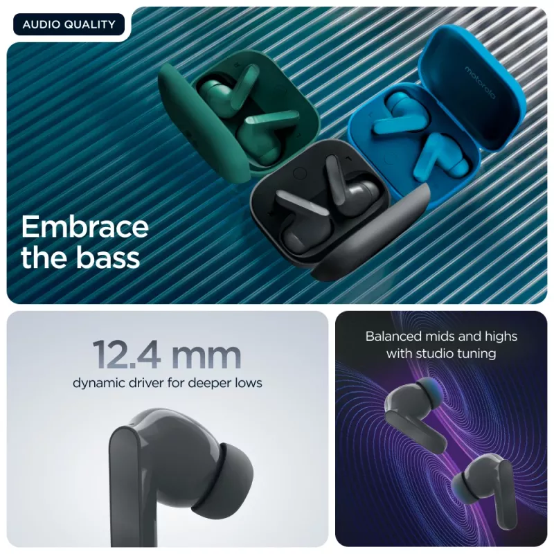 Headset MOTOROLA Moto Buds Bass TWS Bluetooth In-Ear per chiamate e musica, nero, 51 g