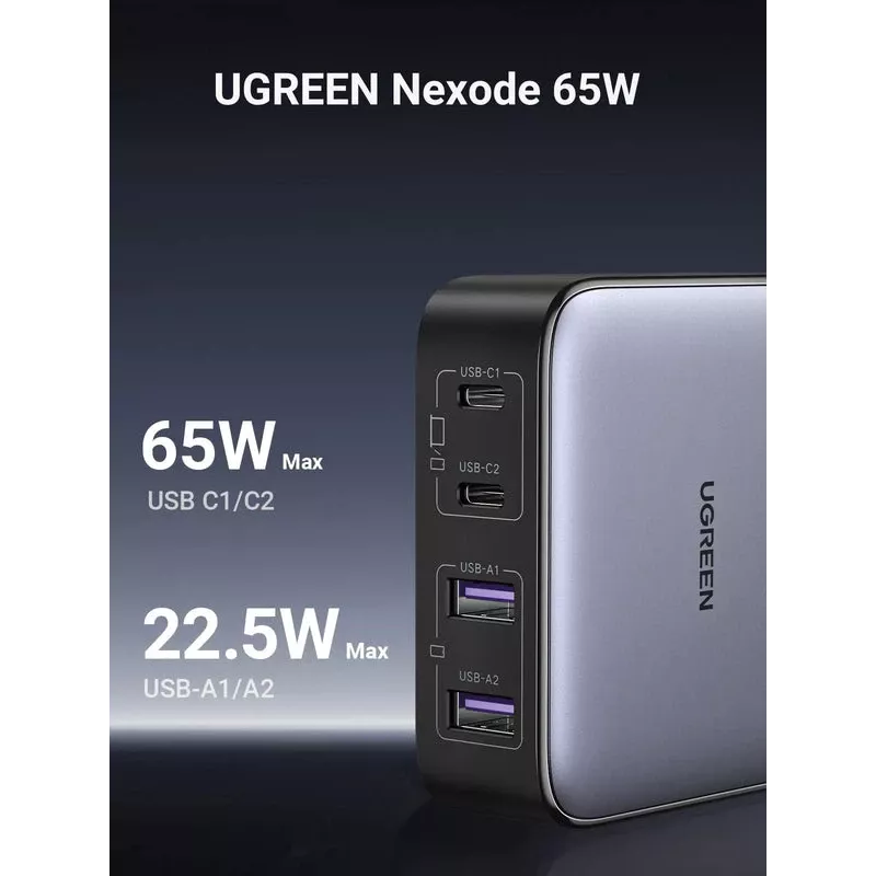 Ugreen Nexode caricabatterie rapido da scrivania 65 W, 2x USB-A + 2x USB-C (90747)