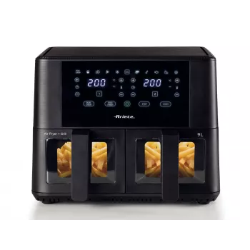 Ariete 4631 Double friggitrice ad aria 9L, 2400W, capacità totale 9L, 11 programmi, multifunzione, fino a 3,6 kg di alimenti fritti temperatura fino a 200°C, doppio cestello, nero
