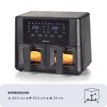 Ariete 4631 Double friggitrice ad aria 9L, 2400W, capacità totale 9L, 11 programmi, multifunzione, fino a 3,6 kg di alimenti fritti temperatura fino a 200°C, doppio cestello, nero
