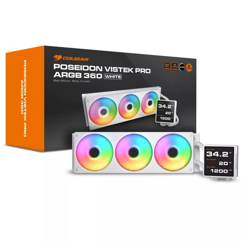 Dissipatore a liquido per CPU all-in-one Cougar Poseidon Vistek Pro 360 – ventole 120 mm, ARGB, bianco