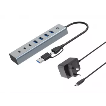 Conceptronic HUBBIES20GP hub USB 3.0 7 porte con alimentatore, 5Gbps, USB-C x 3, USB-A x 4
