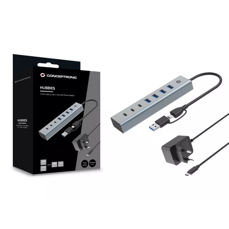 Conceptronic HUBBIES20GP hub USB 3.0 7 porte con alimentatore, 5Gbps, USB-C x 3, USB-A x 4