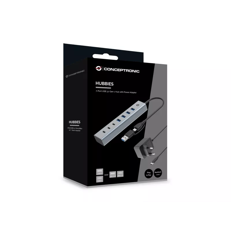 Conceptronic HUBBIES20GP hub USB 3.0 7 porte con alimentatore, 5Gbps, USB-C x 3, USB-A x 4