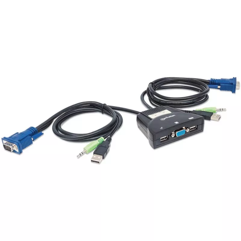Switch KVM Manhattan Mini 2 porte, 2x USB-A, cavo incluso, supporto audio, controllo di 2 computer tramite tastiera/mouse/schermo, nero, garanzia a vita, confezionato