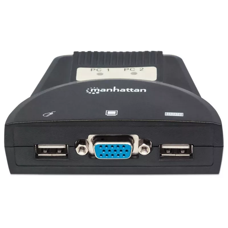 Switch KVM Manhattan Mini 2 porte, 2x USB-A, cavo incluso, supporto audio, controllo di 2 computer tramite tastiera/mouse/schermo, nero, garanzia a vita, confezionato