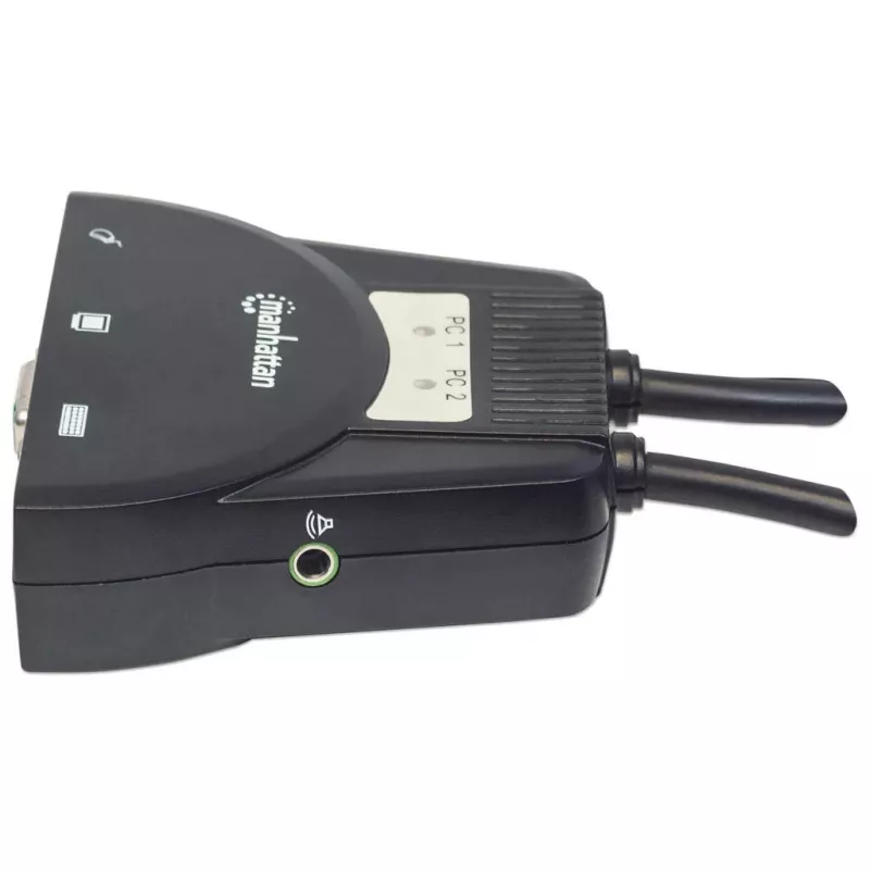 Switch KVM Manhattan Mini 2 porte, 2x USB-A, cavo incluso, supporto audio, controllo di 2 computer tramite tastiera/mouse/schermo, nero, garanzia a vita, confezionato