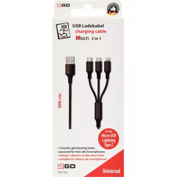 Cavo USB 2GO 797154 3m USB B USB C/Micro-USB B/Lightning nero