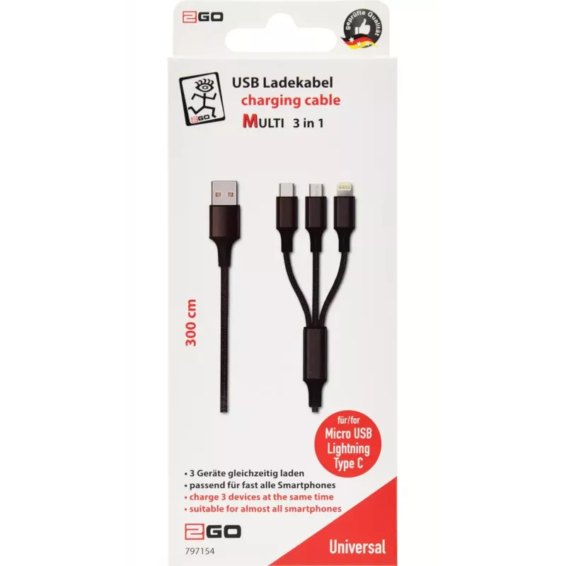 Cavo USB 2GO 797154 3m USB B USB C/Micro-USB B/Lightning nero