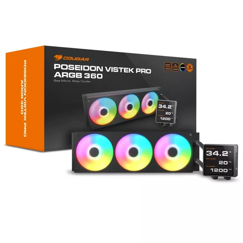 Dissipatore liquido CPU all-in-one Cougar Poseidon Vistek Pro 360, ARGB, ventole da 120 mm, nero, supporto multi-socket