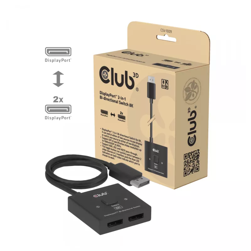 Switch DisplayPort 2 in 1 bidirezionale CLUB3D CSV-1009 — 2 uscite DisplayPort, 8K@60Hz, nero