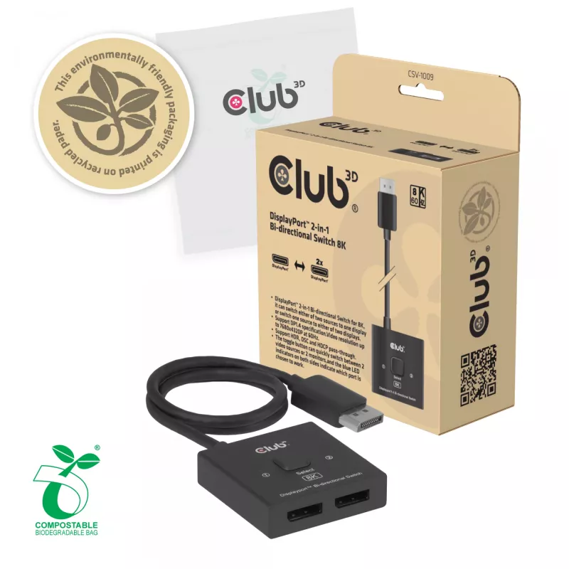 Switch DisplayPort 2 in 1 bidirezionale CLUB3D CSV-1009 — 2 uscite DisplayPort, 8K@60Hz, nero