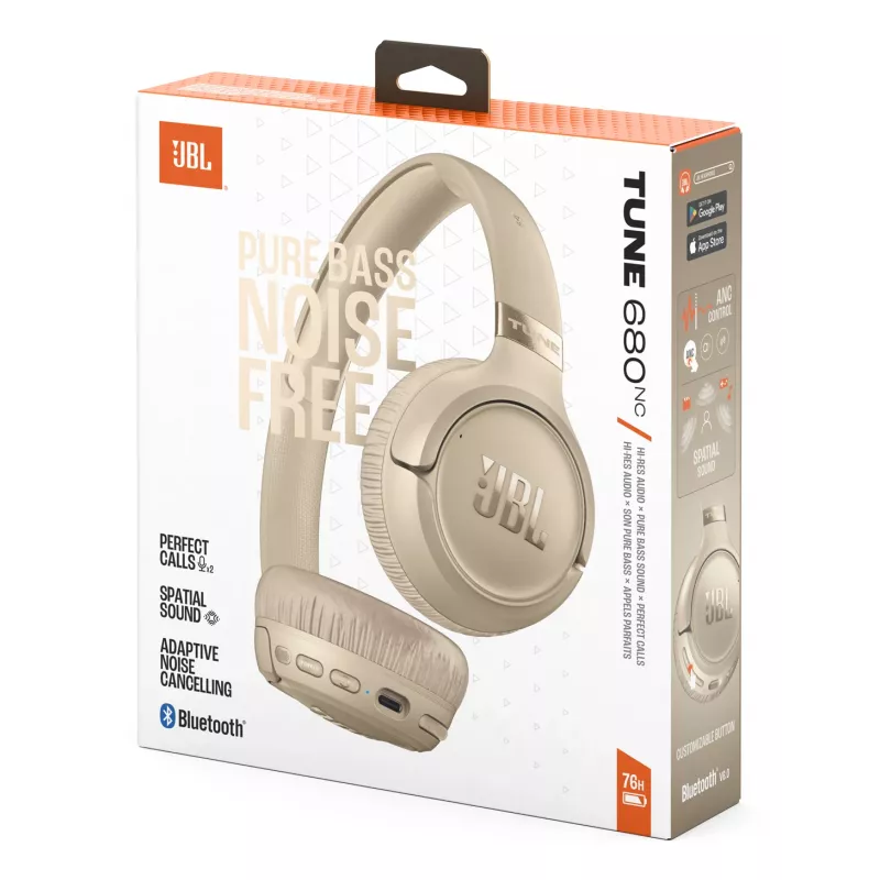 Headset JBL Tune 680NC, con filo e wireless (Bluetooth, USB-C), circumaurale, archetto, beige, 20–20000 Hz, 161 g