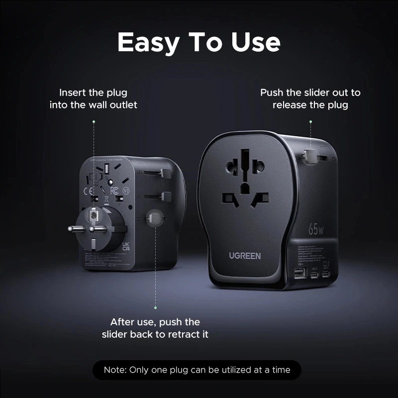 UGREEN S550 adattatore da viaggio universale 65W, 2x USB-C + USB-A, 55001