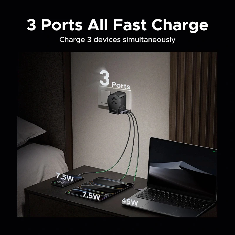 UGREEN S550 adattatore da viaggio universale 65W, 2x USB-C + USB-A, 55001
