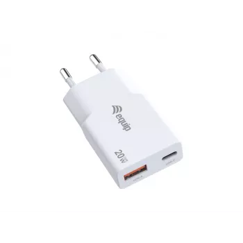 Caricabatterie EQUIP 2 porte 20W GaN slim USB PD — USB-C x1, USB-A x1, ingresso 100–240V, uscita max 12V, bianco