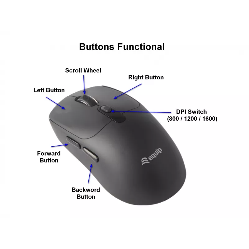 Mouse wireless EQUIP dual mode ambidestro 6 tasti, ottico 1600 DPI, RF + Bluetooth, nero
