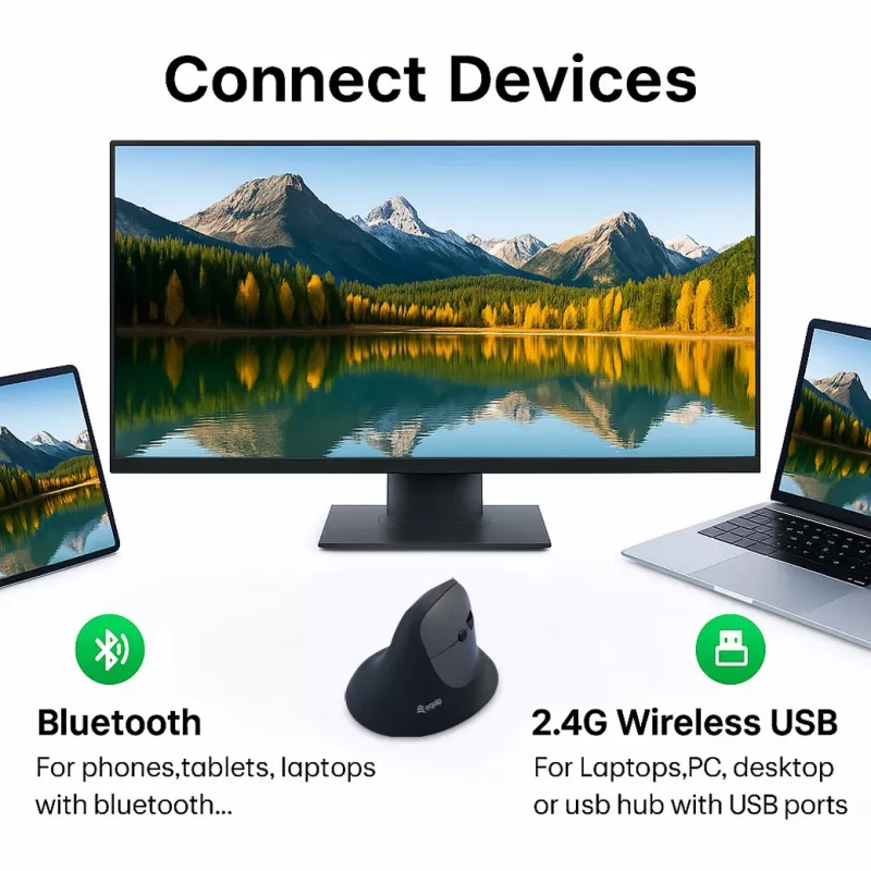 Mouse wireless verticale ergonomico EQUIP per destrimani, 1600 DPI, RF Wireless + Bluetooth, ricaricabile, 6 tasti, nero