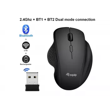 Mouse wireless dual mode ricaricabile EQUIP 6 tasti — per destrimani, ottico 1600 DPI, RF Wireless + Bluetooth, nero