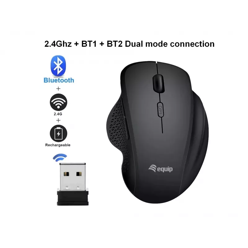 Mouse wireless dual mode ricaricabile EQUIP 6 tasti — per destrimani, ottico 1600 DPI, RF Wireless + Bluetooth, nero