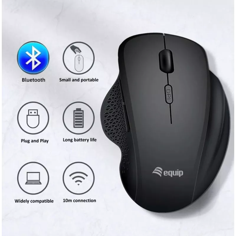 Mouse wireless dual mode ricaricabile EQUIP 6 tasti — per destrimani, ottico 1600 DPI, RF Wireless + Bluetooth, nero