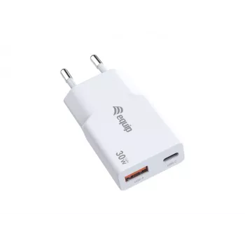 Caricabatterie EQUIP 2 porte 30W GaN slim USB PD — USB-C x1, USB-A x1, ingresso 100–240V, uscita max 20V, bianco