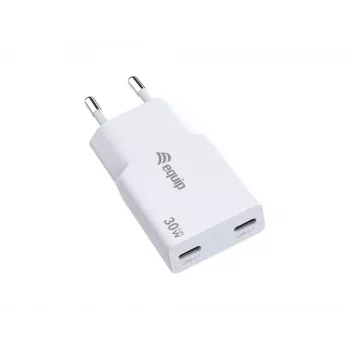 Caricabatterie EQUIP 2 porte 30W GaN slim USB-C PD — 2 porte USB-C, ingresso 100–240 V, uscita max 20 V, bianco