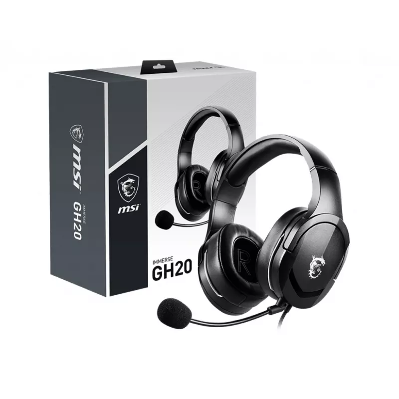 MSI IMMERSE GH20 Headset gaming '3,5 mm inline con accessorio splitter audio, nero, driver da 40 mm, microfono unidirezionale, compatibilità PC e multipiattaforma'