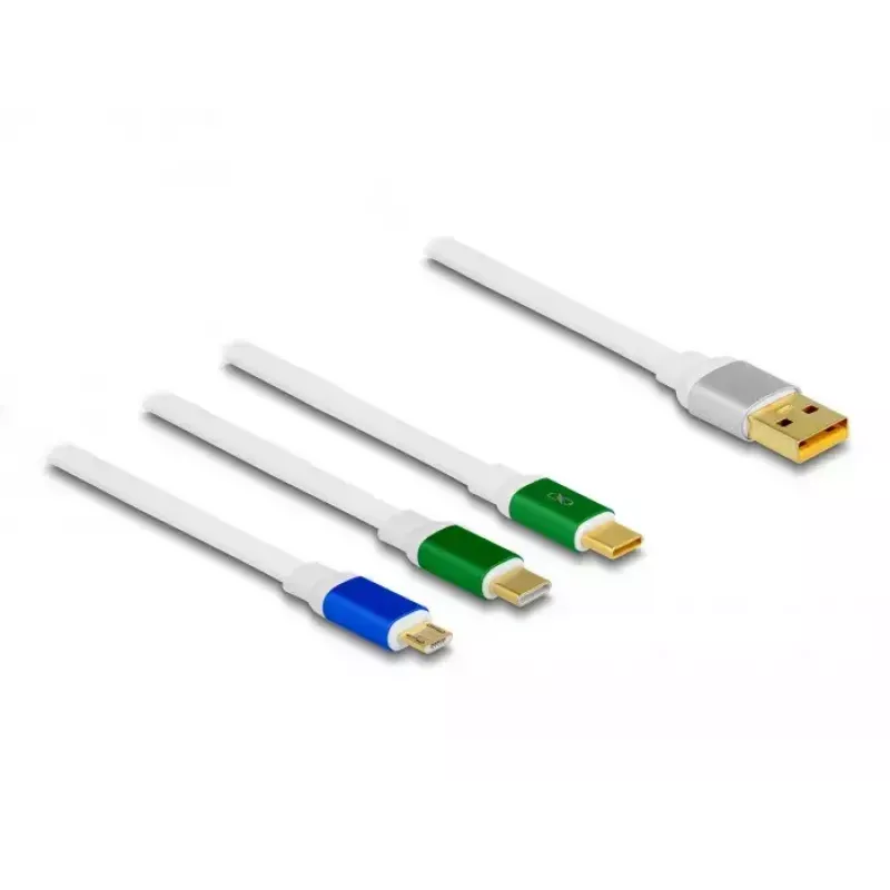 Cavo di ricarica retrattile DeLOCK USB 3 in 1 Type-A a Micro USB / 2 x USB Type-C ricarica rapida 1,13 m