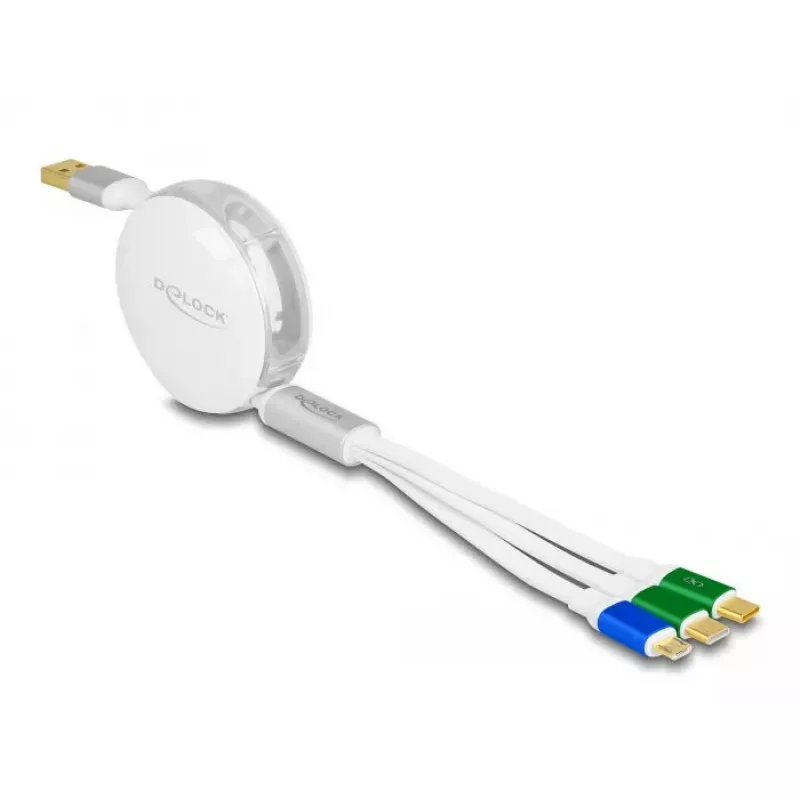 Cavo di ricarica retrattile DeLOCK USB 3 in 1 Type-A a Micro USB / 2 x USB Type-C ricarica rapida 1,13 m