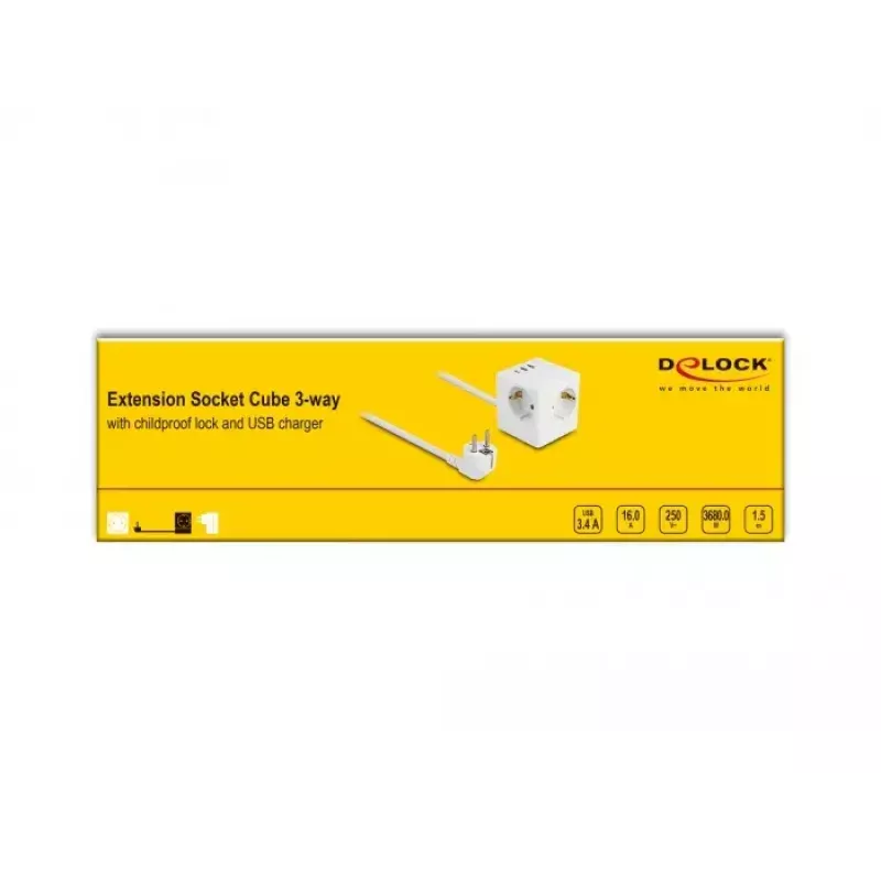 DeLOCK 11497 Cubo presa a 3 vie con cavo di prolunga da 1,5 m, caricatore USB, protezione bambini, bianco