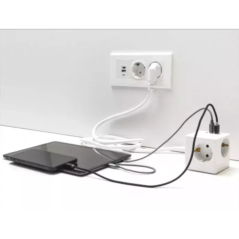 DeLOCK 11497 Cubo presa a 3 vie con cavo di prolunga da 1,5 m, caricatore USB, protezione bambini, bianco