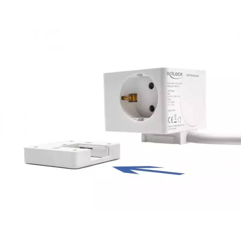 DeLOCK 11497 Cubo presa a 3 vie con cavo di prolunga da 1,5 m, caricatore USB, protezione bambini, bianco
