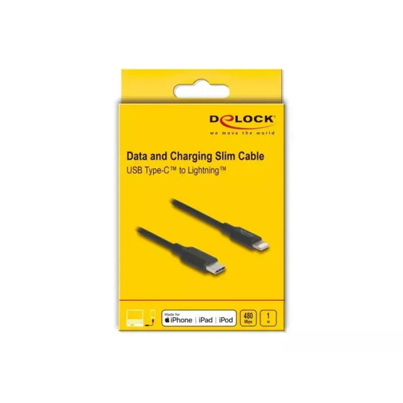 Cavo DELOCK USB-C su Lightning sottile 1 m, Lightning ↔ USB-C, 9 V 3 A, 3,3 mm, MFi
