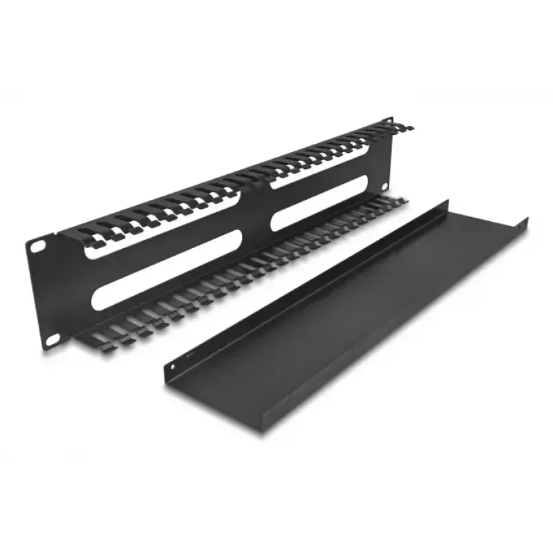 Pannello di instradamento per cable management 19 pollici 2U DELOCK metallo nero con 4 aperture