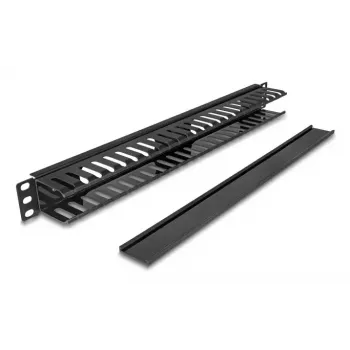 Piastra guida per gestione cavi DELOCK 19 pollici 1HE con 2 aperture, metallo/plastica, nero