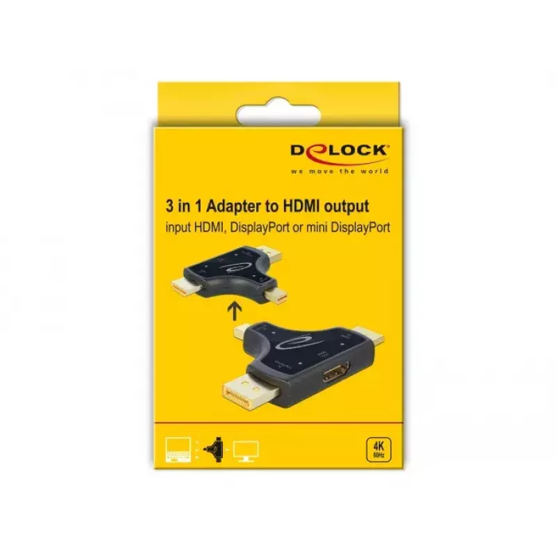 DeLOCK 64059 adattatore monitor 3-in-1, ingresso HDMI / DisplayPort / mini DisplayPort a uscita HDMI, 4K 60 Hz, nero