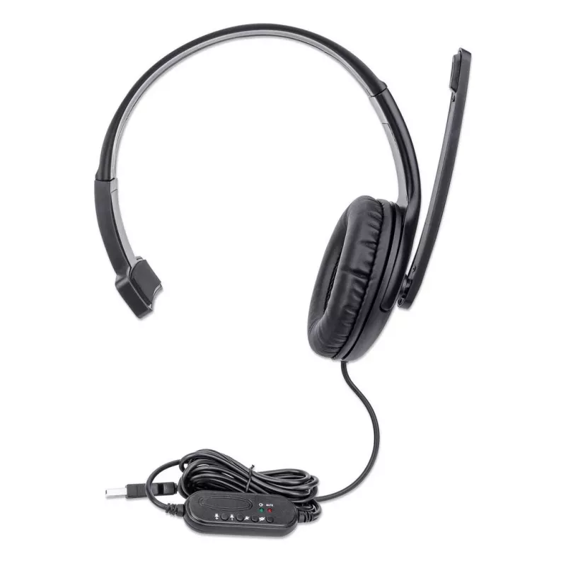 Manhattan headset mono over-ear (USB), braccio microfono (imbottito), confezione retail, archetto regolabile, telecomando sul cavo, cuscinetti auricolari, USB-A per audio e microfono, cavo 1,5 m, tre anni di garanzia