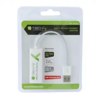 Techly convertitore USB2.0 a Fast Ethernet 10/100 Mbit/s, cablato, USB, Ethernet, 100 Mbit/s, bianco
