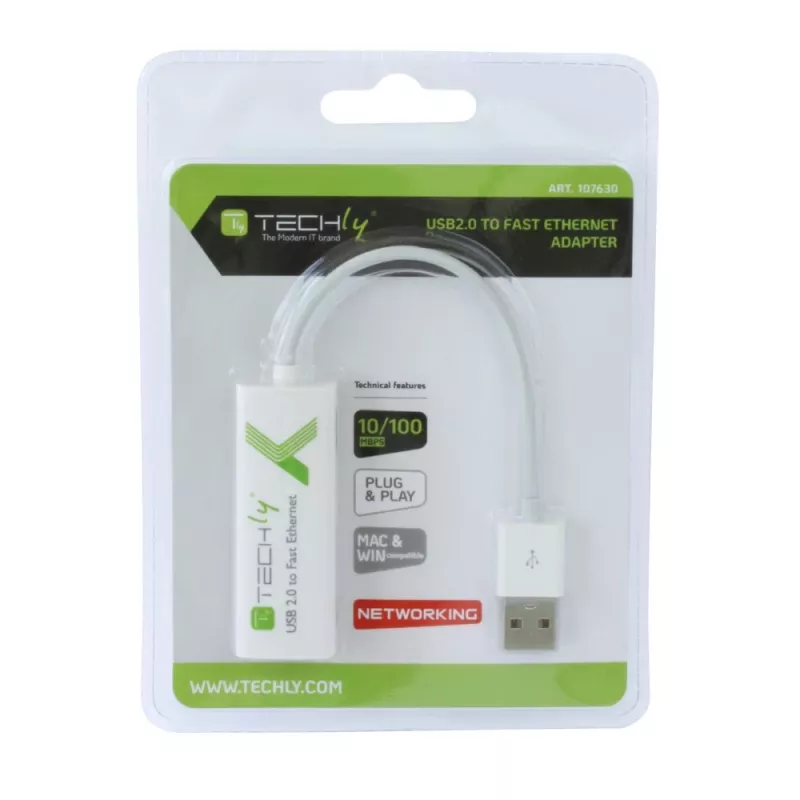Techly convertitore USB2.0 a Fast Ethernet 10/100 Mbit/s, cablato, USB, Ethernet, 100 Mbit/s, bianco