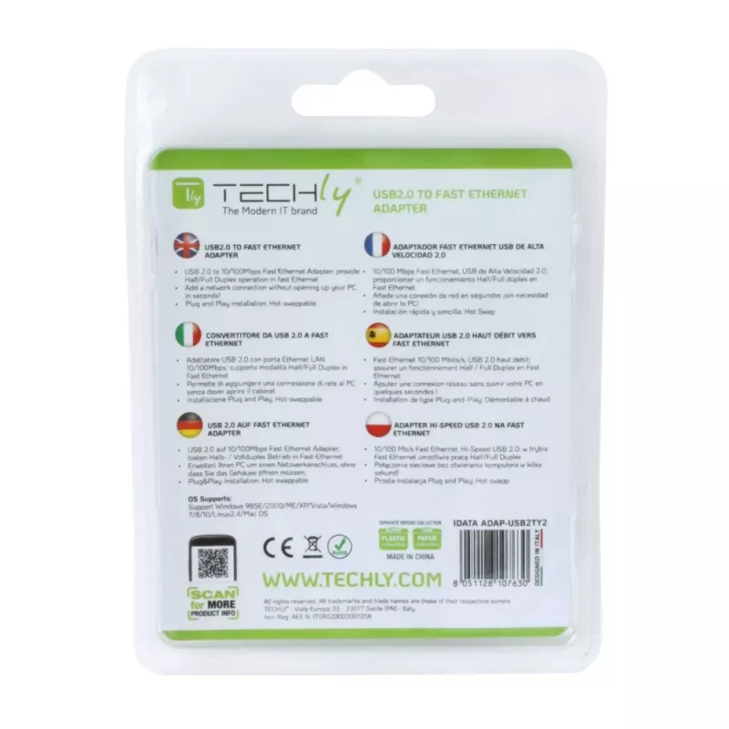 Techly convertitore USB2.0 a Fast Ethernet 10/100 Mbit/s, cablato, USB, Ethernet, 100 Mbit/s, bianco
