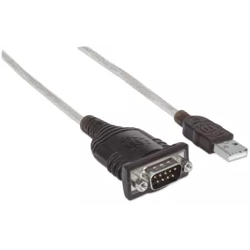 Cavo convertitore Manhattan USB-A su seriale, 45 cm, maschio su maschio, seriale/RS232/COM/DB9, chipset Prolific PL-2303HXD, cavo nero/argento, garanzia tre anni