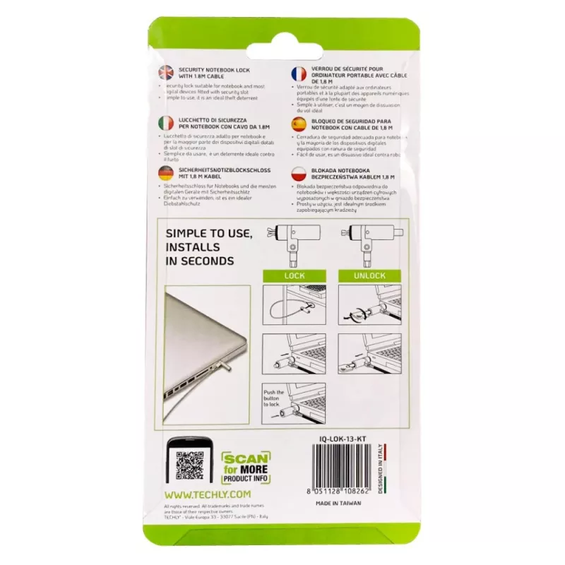 Techly Wedge-Lock sistema di sicurezza lucchetto per cavo notebook 1,8 m
