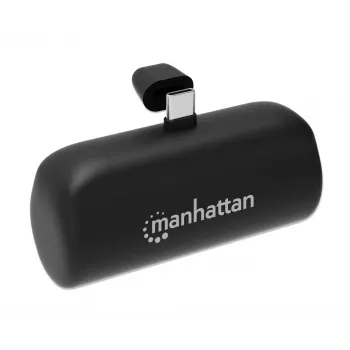 Powerbank Manhattan con connettore USB-C integrato, 5000 mAh, fino a 20 W di potenza in uscita, kickstand per l'uso come supporto di ricarica, nero, garanzia un anno